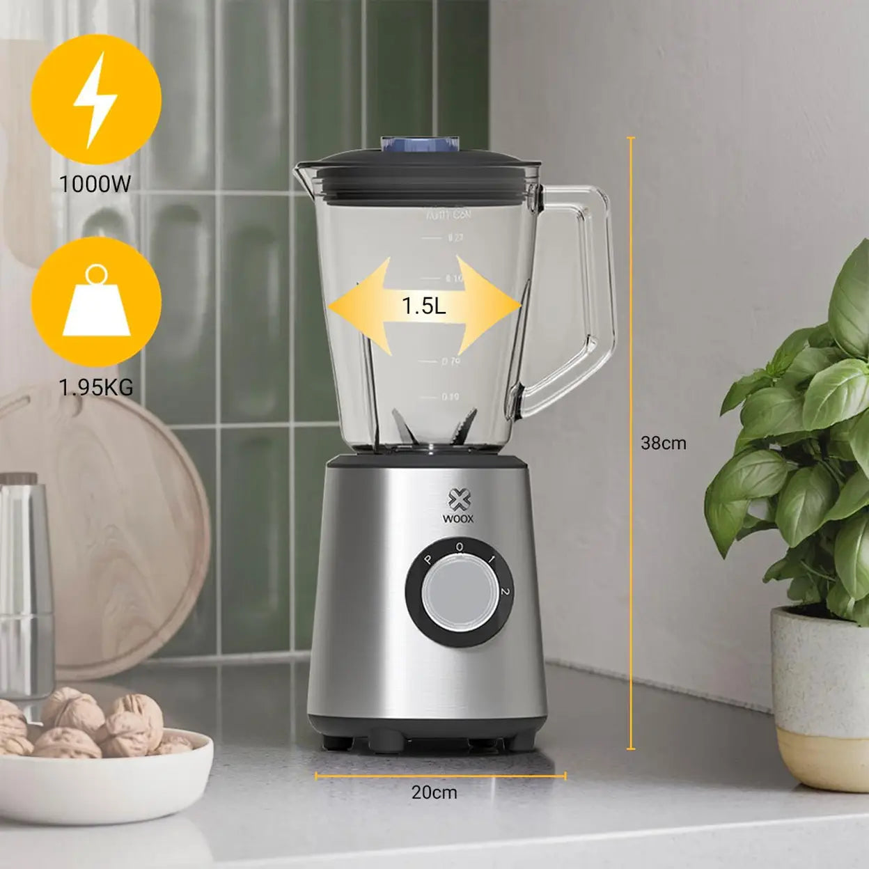 Woox Blender MX0198 - Zilver - 1000 W - 1,5 Liter - 10-Bladig RVS Mes - 3 Standen met Pulsefunctie - 20 x 20 x 38 cm