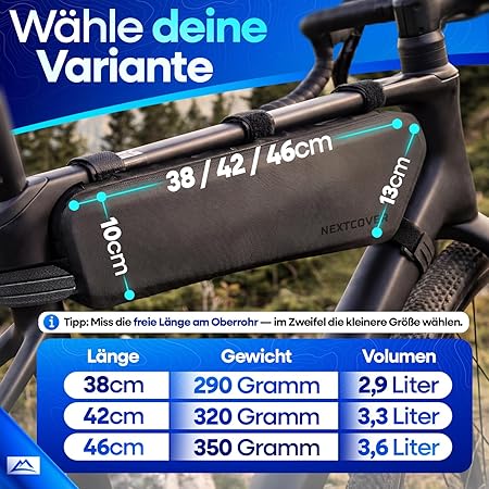 Nextcover® Bikepacking Frame Bag - 46 cm - 100% waterdicht - Down Tube Bag Fiets - Voor gravelfiets, racefiets, MTB