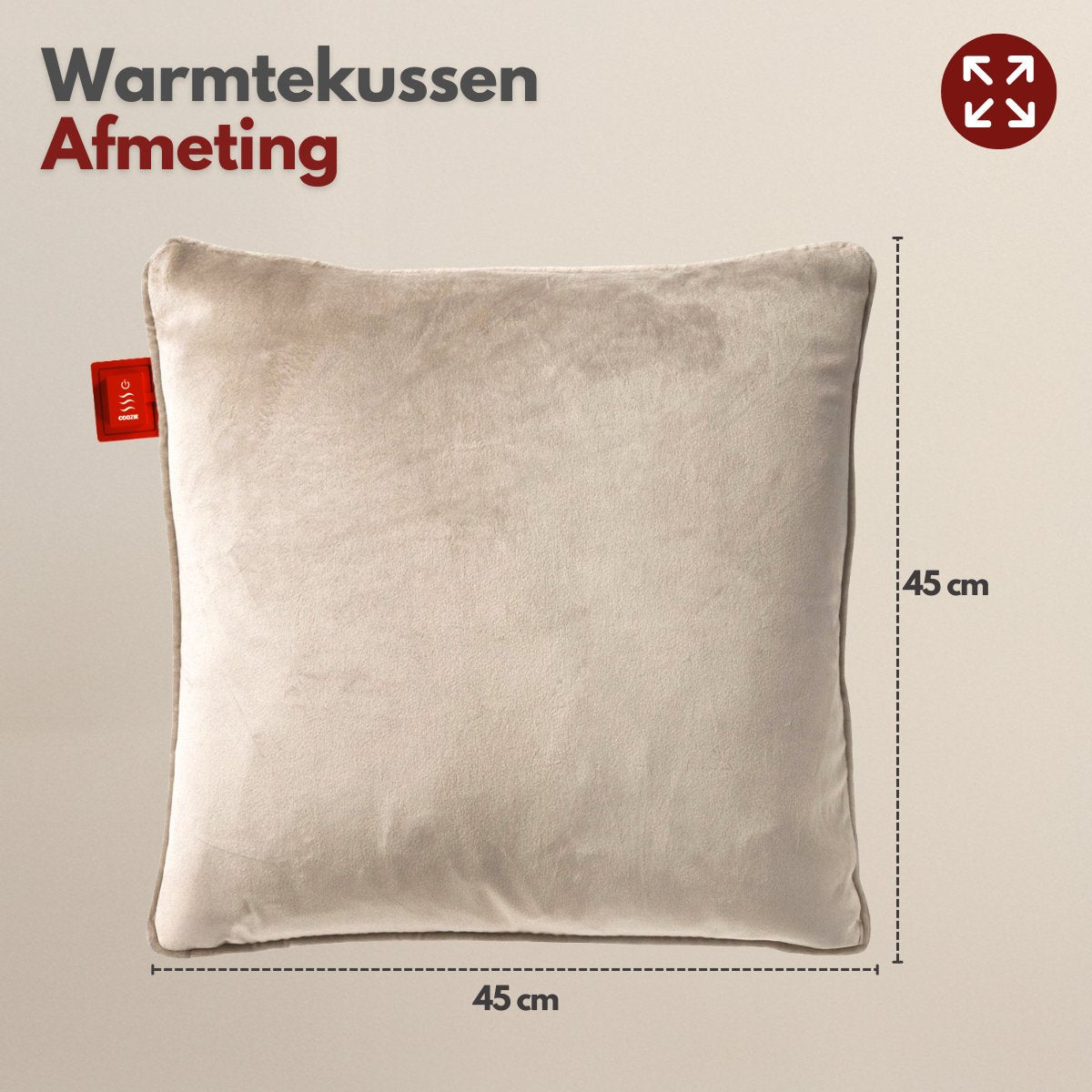 Coozie Oplaadbaar Warmtekussen 45x45 cm – Draadloos & Bedraad – 3 Warmtestanden (45–65°C) – Velvet Beige – Incl. 10.000 mAh Powerbank