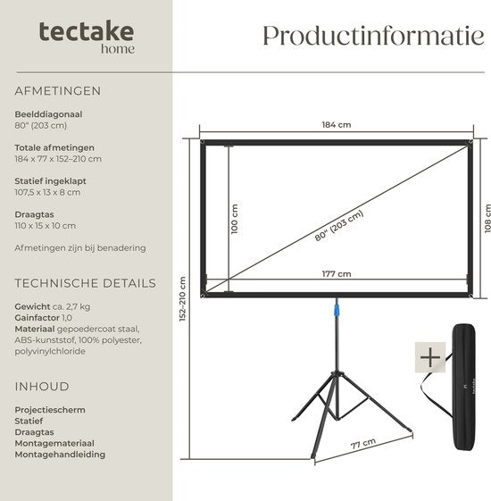 tectake® Beamer Scherm - 80 Inch - 16:9 Projectiescherm met Statief - 4K HD - Oprolbaar - Uittrekbaar - Projectiedoek - Presentatiescherm - Inclusief Draagtas