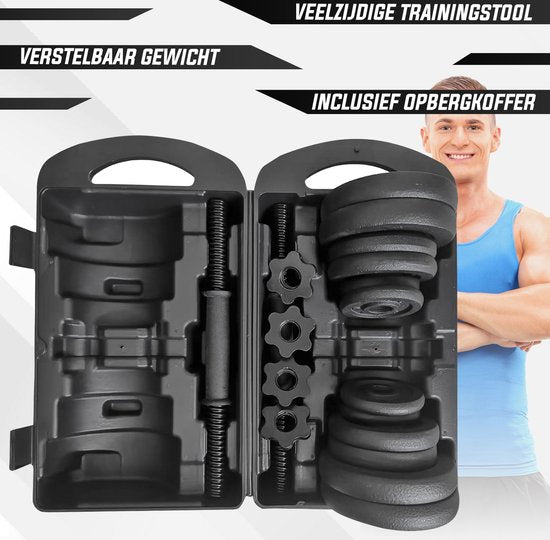Fitby Dumbells 20KG - Dumbbells - Gewichten set - Verstelbare Dumbells - Halterset - Dumbell Set - Gietijzer - Inclusief Opbergkoffer