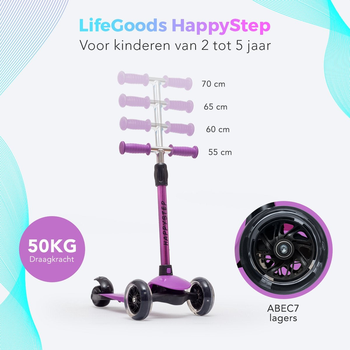 LifeGoods HappyStep - Kinderstep - Step 2-5 Jaar - 3 Lichtgevende Wielen - Jongens/Meisjes - Paars