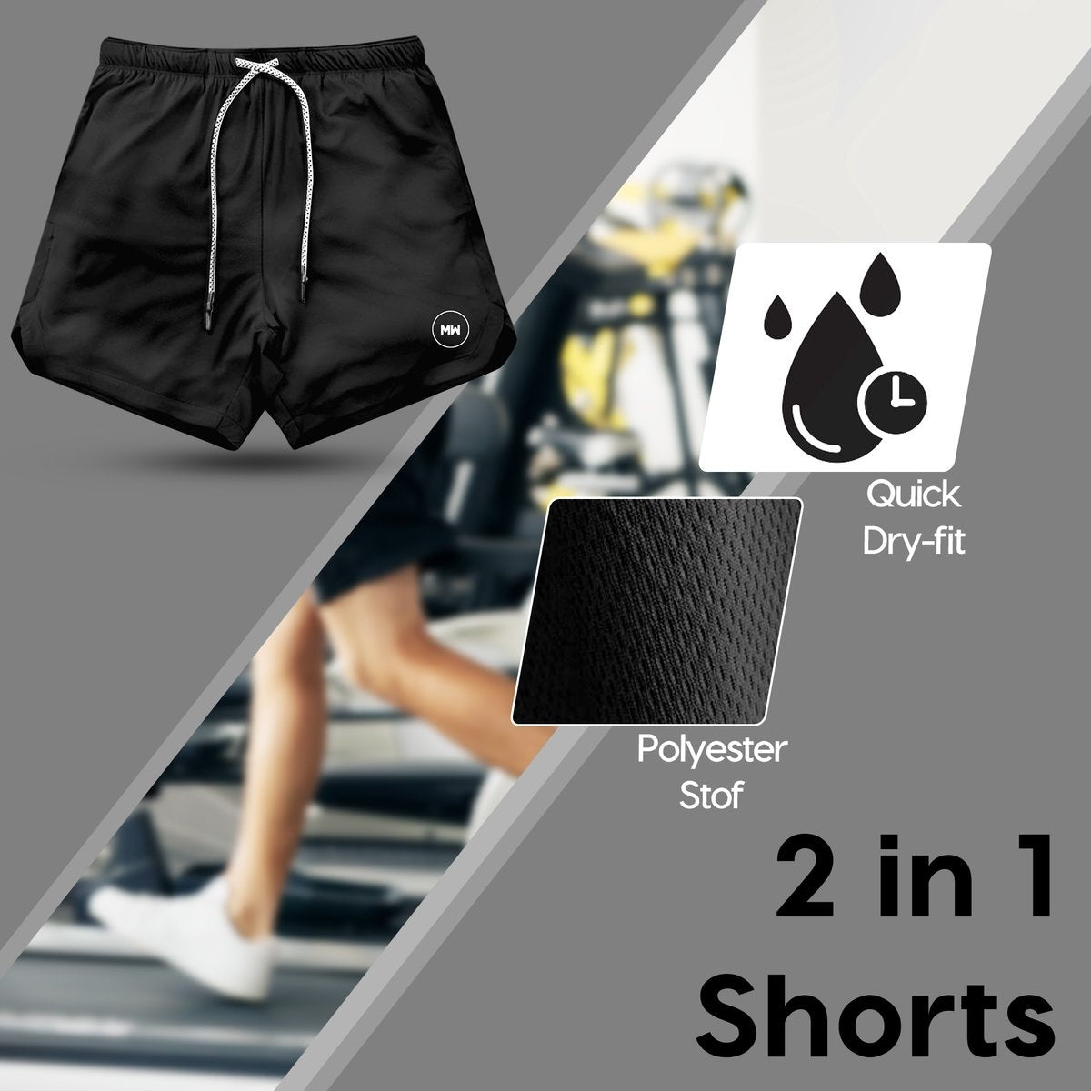 MW – Sportbroek Voor Heren – Maat M & 2-in-1 Design – Voorzien Van Mobiel Zak En Elastische Tailleband – Voor Gym En Hardlopen – Zwart Polyester