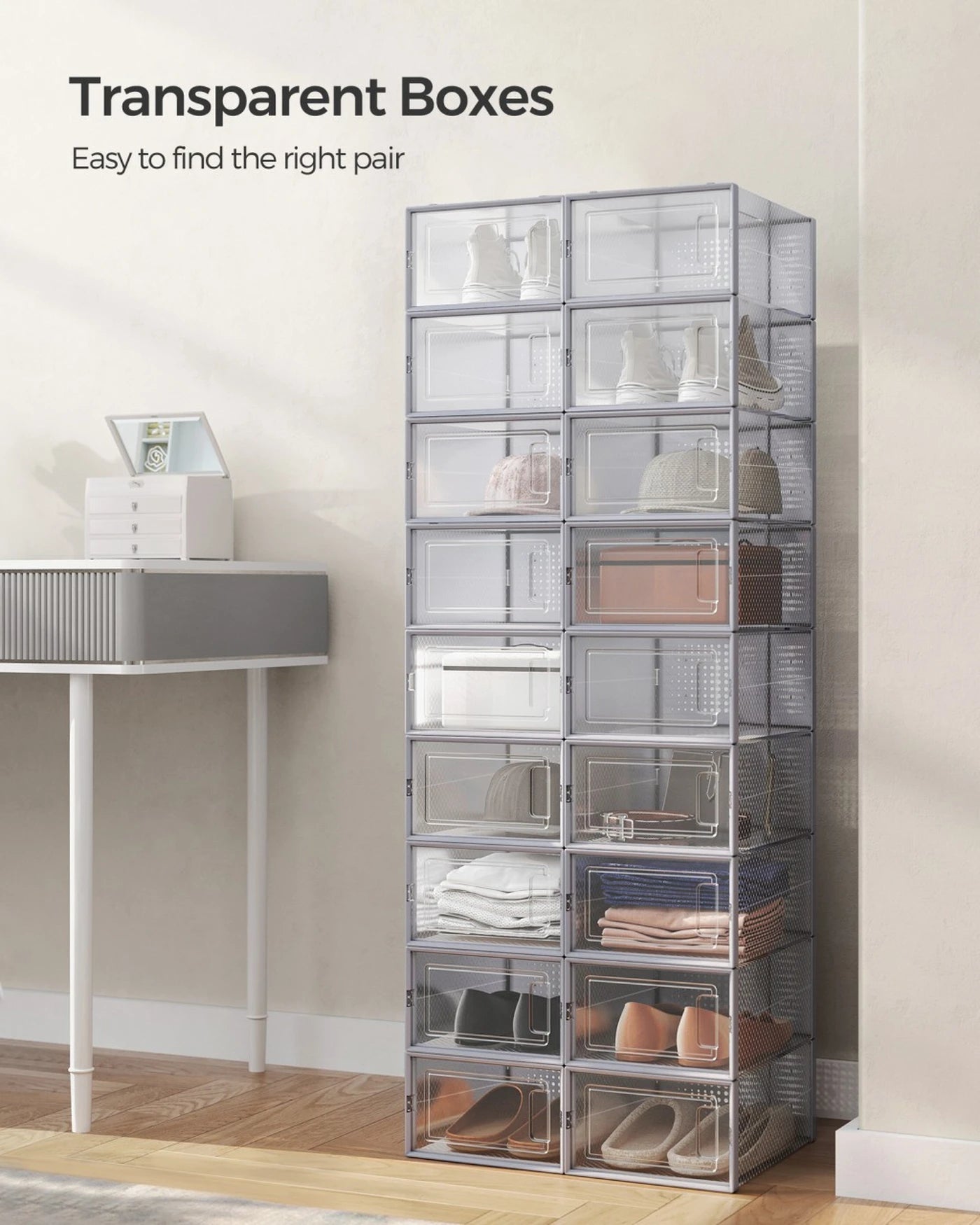 Joyfurnos Schoenenboxen Set van 18 - Transparant & Grijs - Stapelbaar - 33,3 x 23,1 x 14,3 cm per Box