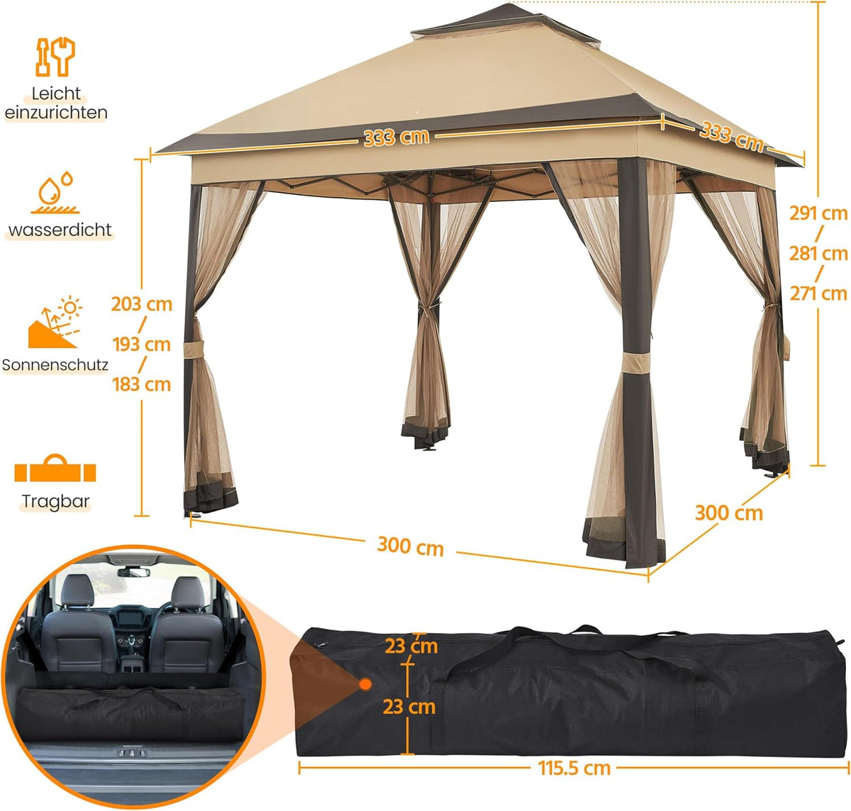 Yaheetech Pop-up Paviljoen 3,3 × 3,3 m met 4 Mesh Zijwanden en Draagtas Khaki/Bruin