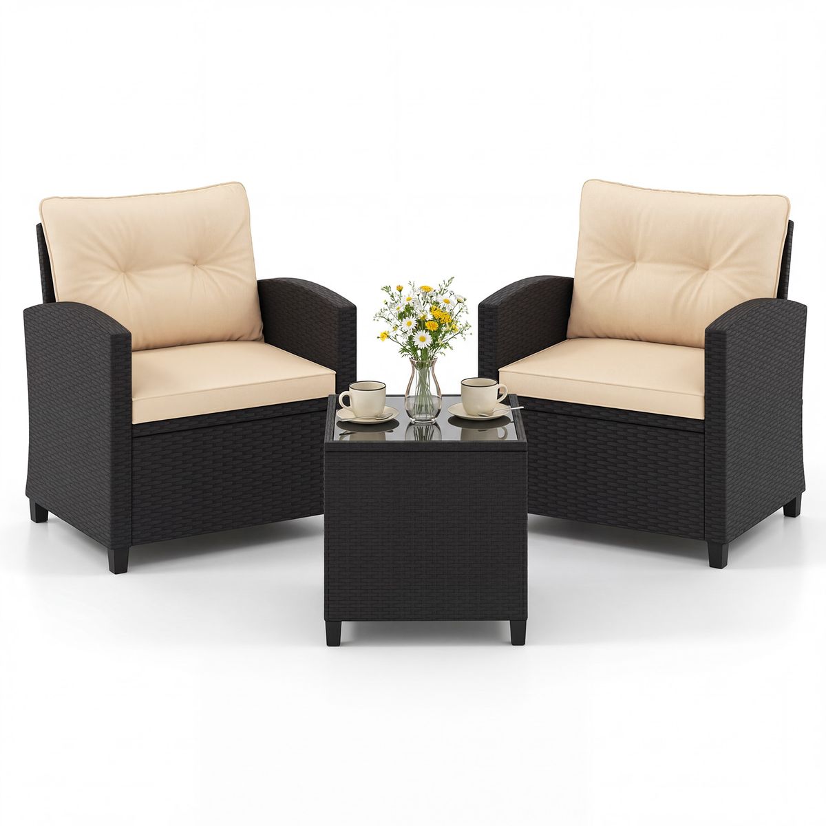 Coast 3-delige loungeset van rotan - met zit- en rugkussens - bijzettafel - beige