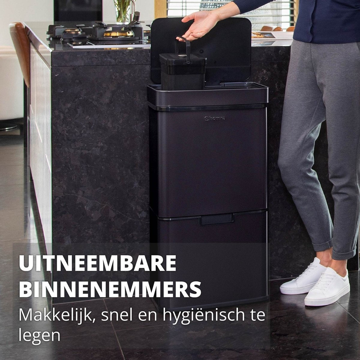 Homra Nexo Prullenbak Afvalscheiding 72 Liter - Zwarte Sensor Prullenbak 3 vakken - 2x12L + 48L - Recycle Afvalbak - Vuilnisbak voor huishouden en kantoor - Vuilbak keuken Afvalemmer - Afvalscheidingsprullenbakken - Automatische Soft Close Deksel