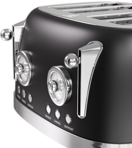 KitchenBrothers Retro Broodrooster - Toaster - 6 Warmteniveaus - 4 Extra Brede Sleuven - 815W - Zwart