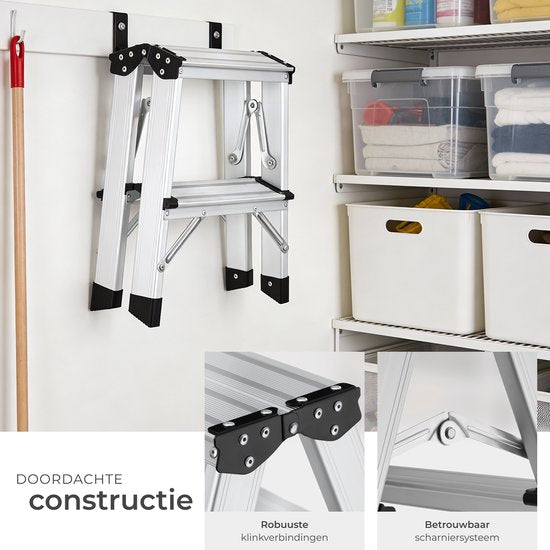 tectake® Dubbelzijdige Aluminium Keukentrap - 2 Treden - 38,5 cm - Stevige Trap Ladder - Opklapbaar Opstapje - Antislip Huishoudtrap
