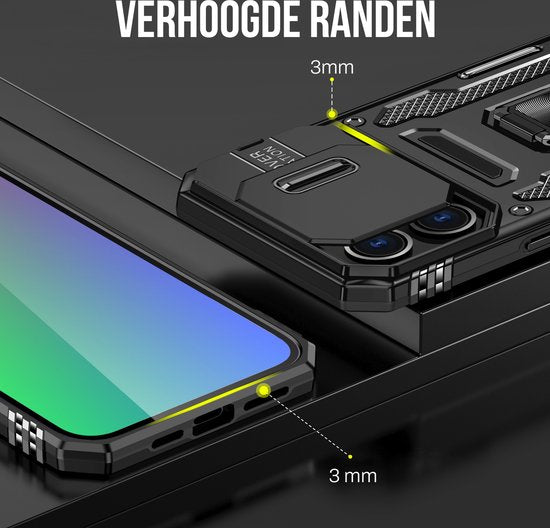 Podec Hoesje geschikt voor iPhone 15 Pro Max Zwart Telefoonhoesje - Anti-Shock Case Cover Hybrid Armor Hoes met Kickstand Ring met Screenprotector