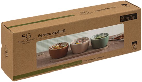 Secret de gourmet Serveerplank voor hapjes / nootjes - 3x schaaltjes - tapas en saus schaaltjes - kleuren mix - hapjes plateau