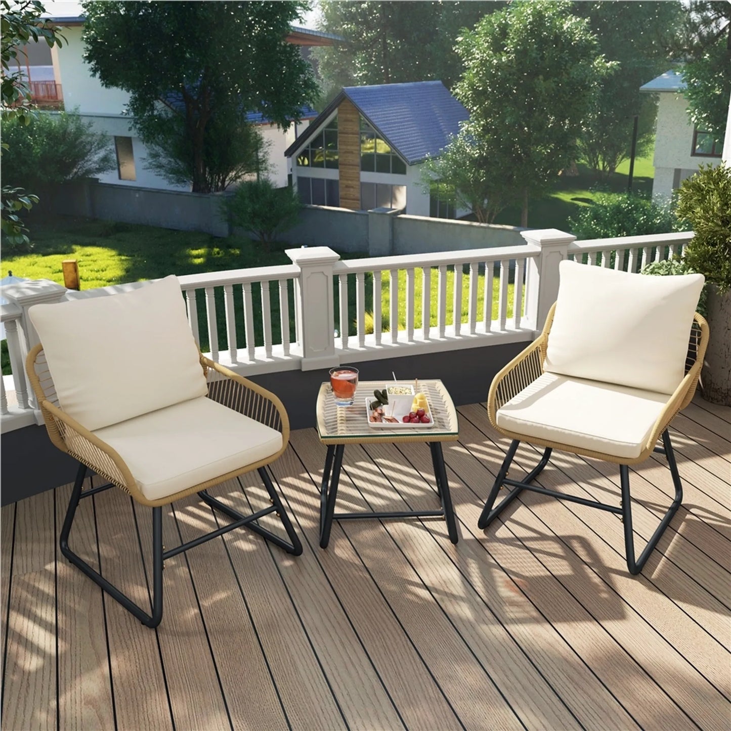 Yaheetech Bistroset Tuinset 3-Delig – 61 x 65 x 76 cm – Voorzien Van Handgeweven PE-Rattan En Glazen Tafelblad En Inclusief Zit- En Sierkussens – Voor Balkon En Terras – Lichtbruin En Metaal