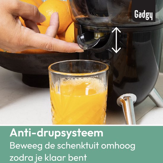 Gadgy Citruspers Elektrisch - Sinaasappelpers en Citroenpers met Schenktuit - Juicer met 2 perskegels - Antidrupsysteem - Antislip - 100W - Zwart - Vaatwasserbestendig