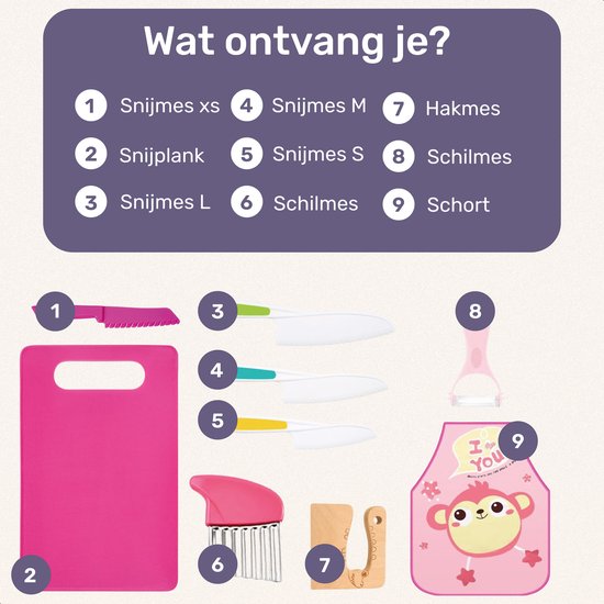 Qwali XL Montessori Kinder messen Set - 9 Delig - incl. snijplank en schort - Veilig - Koken - Bestek Mes - Mesjes voor kinderen - Keuken mes