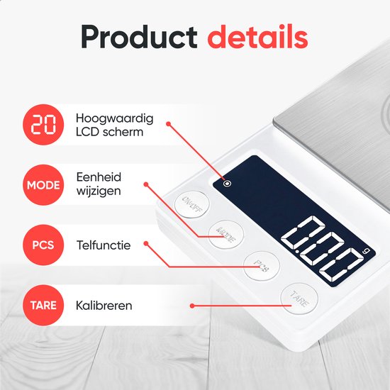 Kitchenwell digitale mini precisie keukenweegschaal wit - 0,01 tot 200 gram - 14.2 x 7.5 cm - pocket scale op batterij - weegschaal keuken