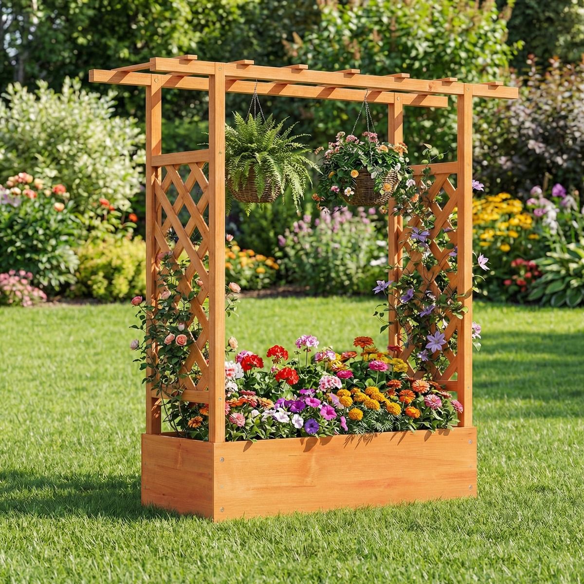 Coast Verhoogde Houten Plantenbak - Latwerk en Hangend Dak - Afwateringsgaten - Naturel/Oranje - 110 x 35 x 114 cm