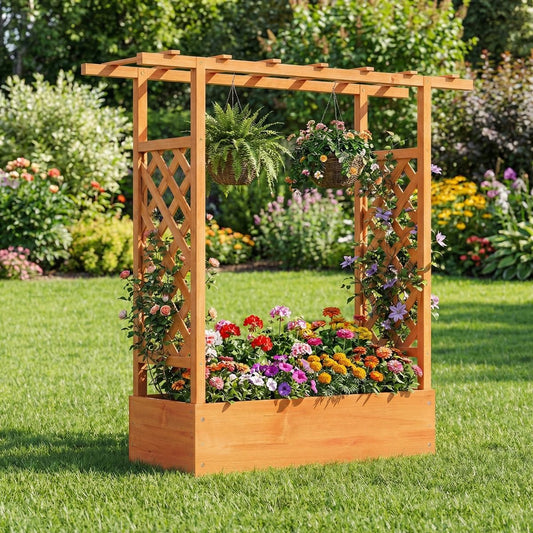 Coast Verhoogde Houten Plantenbak - Latwerk en Hangend Dak - Afwateringsgaten - Naturel/Oranje - 110 x 35 x 114 cm