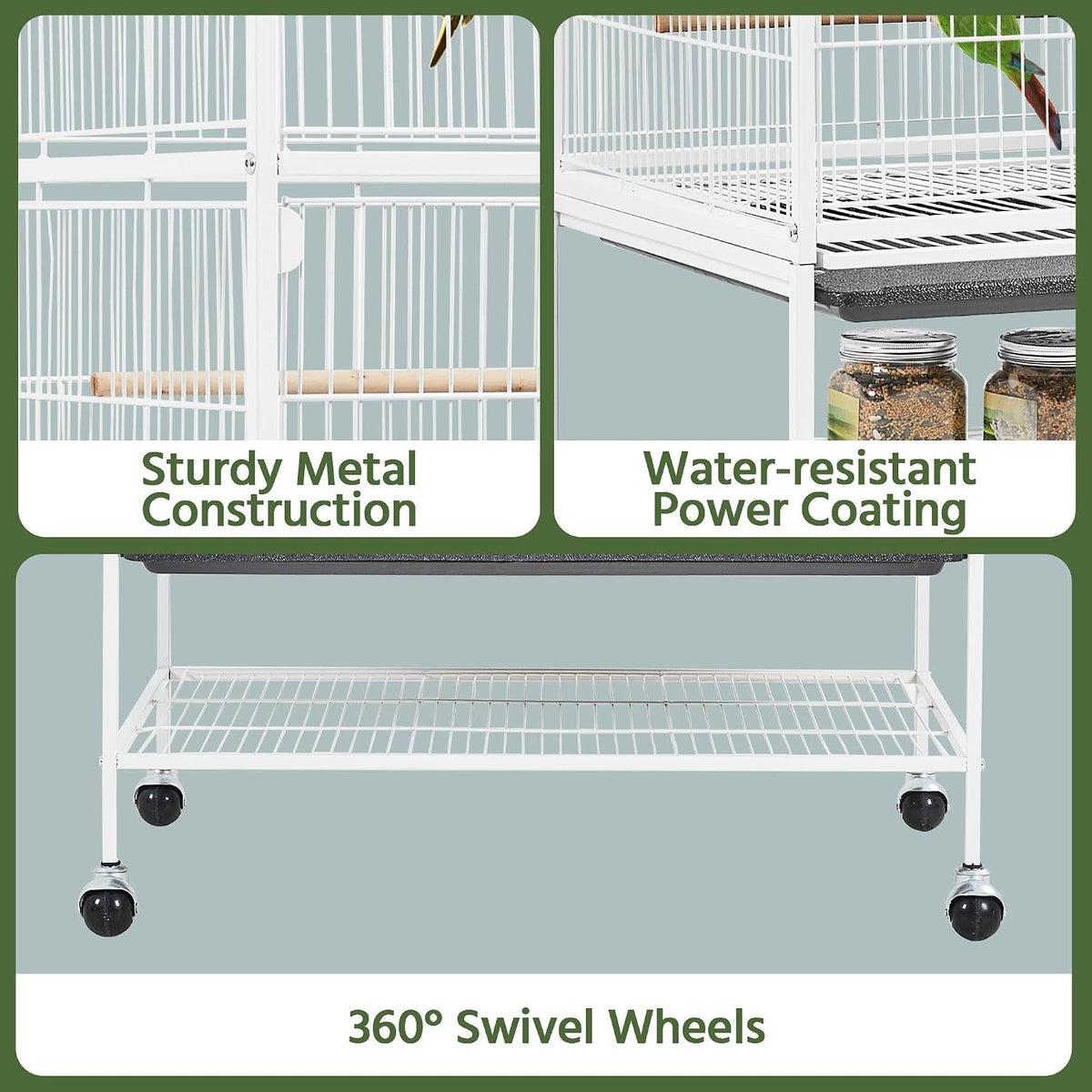 Yaheetech Vogelkooi met Standaard – 79 × 51,8 × 132 cm – Wit – Parkietenkooi met Wielen, 3 Houten Zitstokken en 4 Voederbakken