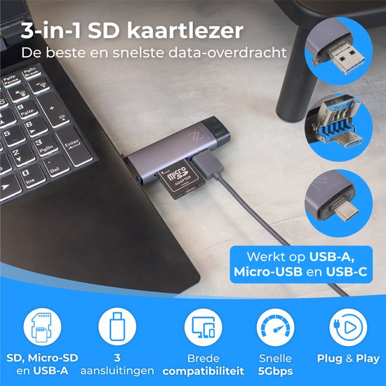 Nuvance - SD Kaart Lezer - USB Stick - SD Kaart Lezer USB C - Card Reader - Micro USB - Geheugenkaartlezer - Micro SD Adapter - SD Kaartlezer - Micro SD Kaart Lezer - USB 3.0 - Geschikt voor alle Smartphones & Computers