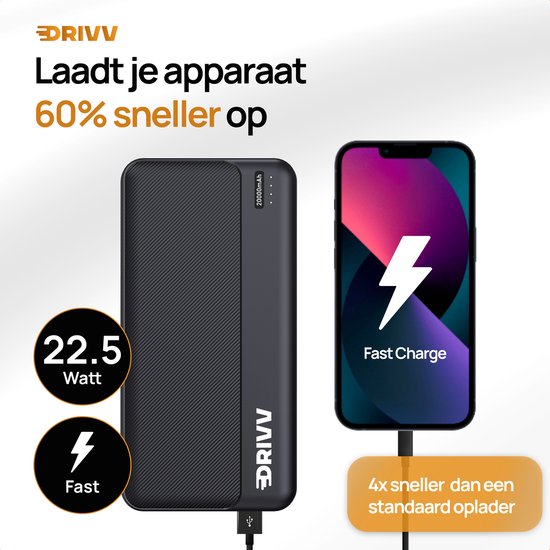 Drivv. Powerbank 20.000 mAh - Inclusief 100w Oplaadkabel - 22.5W snellader - Quick Charge USB 3.0 - USB C - Geschikt voor iPhone, Samsung en meer