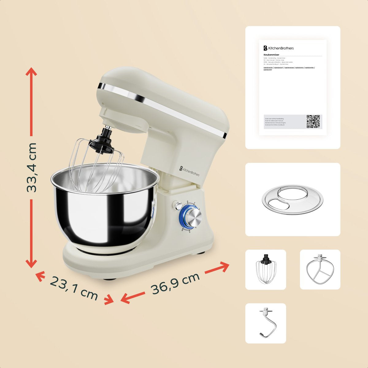 KitchenBrothers Keukenmachine – 1200W – 5L Mengkom – 6 Snelheden + Pulse – Keukenrobot met Kneedhaak, Garde & Menghaak – Champagne