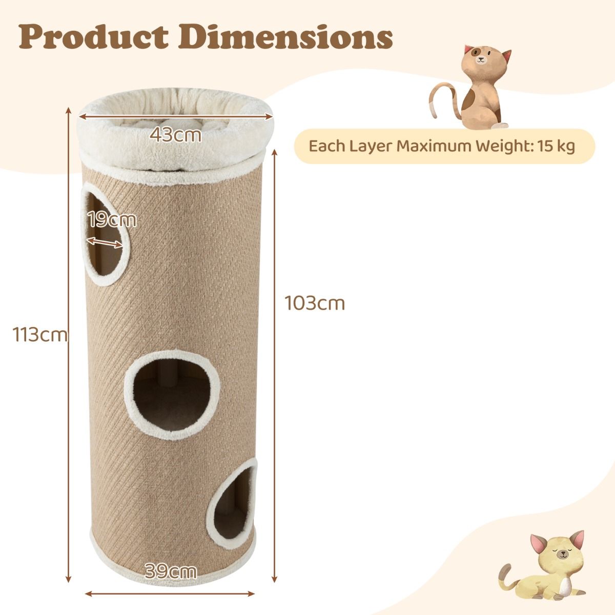 Coast Kattenhuis met Vier Verdiepingen - Pluche Bed - Sisal Krabpalen - Bruin 43 x 43 x 113 cm