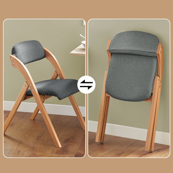 SoBuy Set van 2 Klapstoel, Bureaustoel met Gestoffeerd Zitkussen, Eetkamerstoel, Natuur/Donkergrijs, 47.5x77x59 cm, FST92-SGx2 - voor eetkamer, balkon of kantoor