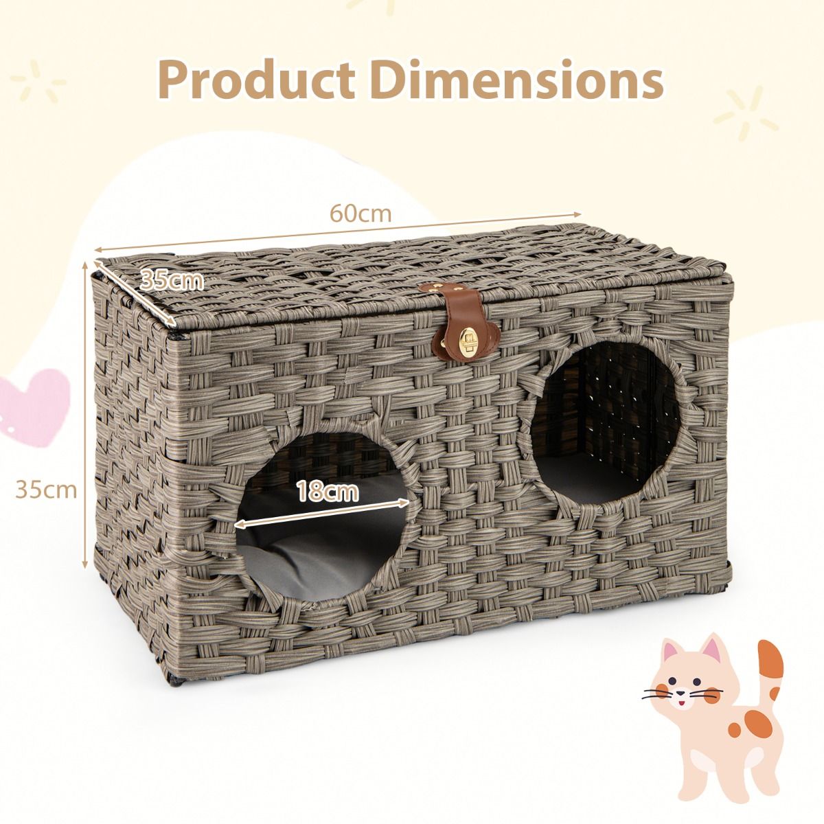 Coast Kattenhuis van riet - opvouwbaar kattenbed - afneembaar kussen - afsluitbaar deksel - 60 x 35 x 35 cm