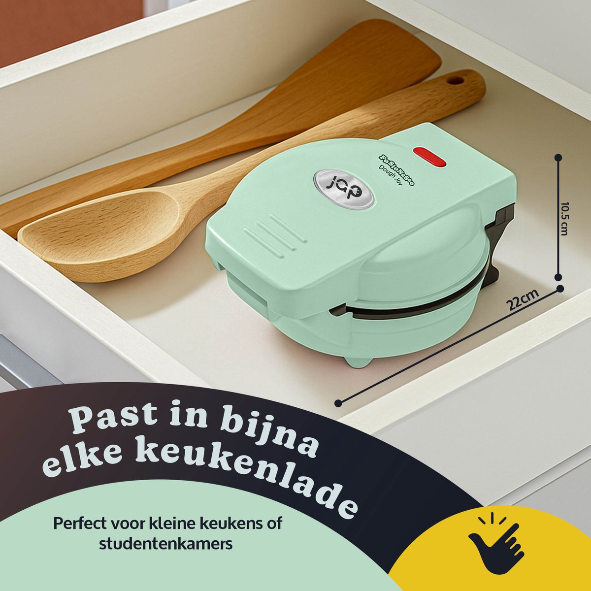 JAP Appliances DoughJoy Wafelijzer 22,2 x 16,8 x 10,5 cm – 600 W – Rond 16 x 16 cm – Verwisselbare Platen – Groen