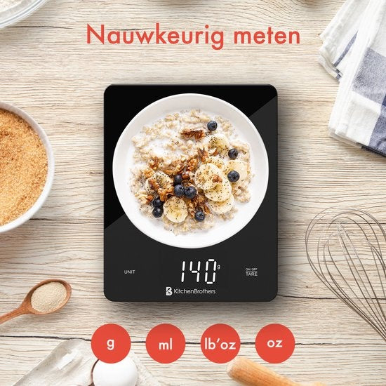 KitchenBrothers Keukenweegschaal - Weegschaal Keuken - Digitaal - 1g tot 10kg - Inclusief Batterijen - Glas/Zwart