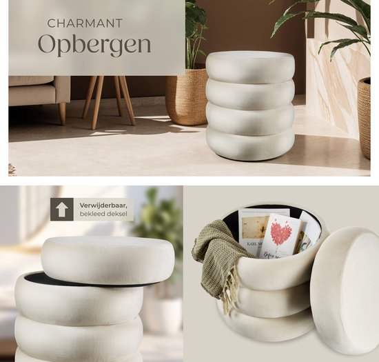 tectake® Kruk met opbergruimte - Scandi kruk fluweelstof - Ronde gestoffeerde poef voor kaptafel, slaapkamer, woonkamer of als halmeubel - Opbergkruk - creme
