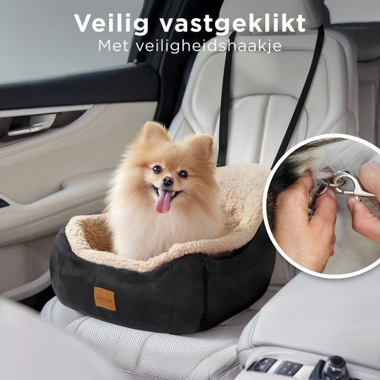 CozySense® Honden Autostoel - Hondenmand Auto voor Kleine Hond - Voorbank & Achterbank - Met Veiligheidsriem, Opbergvak & Wasbare Hoes - Zwart/Beige