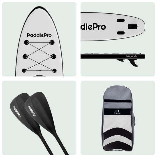 LifeGoods PaddlePro SUP Board - met Zitje - Opblaasbaar Paddle Board - Complete Set - Max. 150KG - 320x81cm - Wit/Zwart