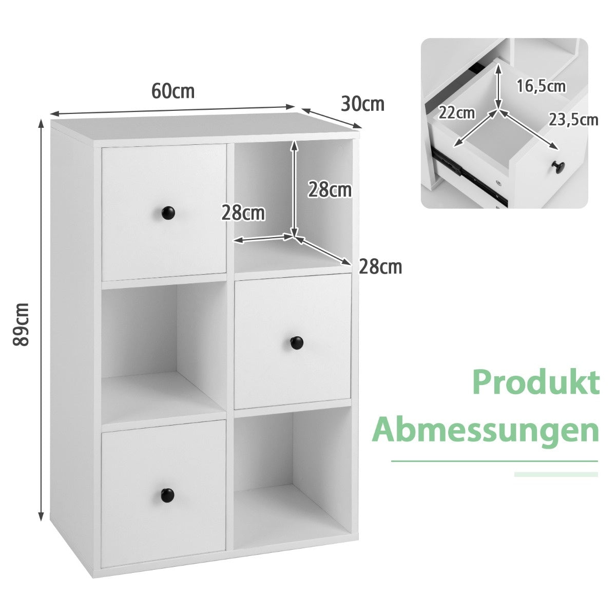 Coast Boekenkast Wit – 60 x 30 x 89 cm – 3 Open Vakken en 3 Lades