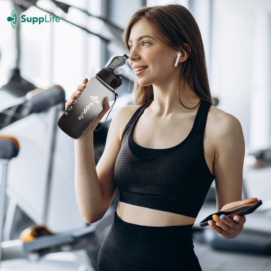 Supplife Motivatie Waterfles - 600 ml Drinkfles - Waterfles met Tijdmarkering - Met Rietje - Volwassenen - Kinderen - Wit Zwart