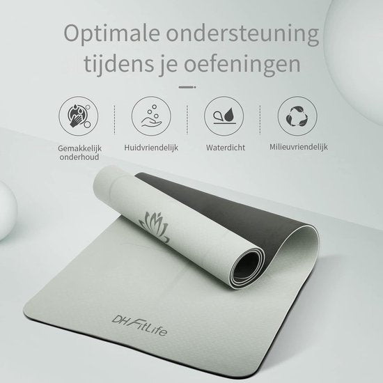 DH FitLife yogamat van TPE, 183 x 61 x 0,6 cm, gymnastiekmat, trainingsmat aan beide zijden antislip & milieuvriendelijk, fitnessmat met oriëntatielijnen (Grijs)