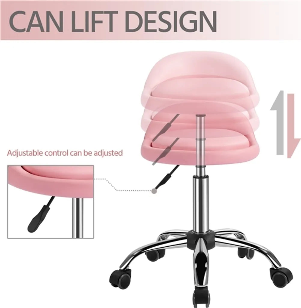 Yaheetech Verstelbare Werkkruk met Wielen en Rugleuning - Roze - 46,5-61 cm