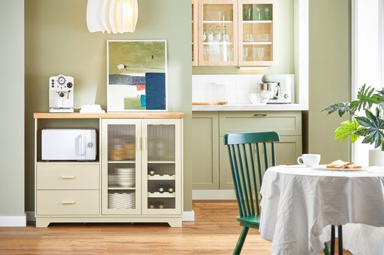 SoBuy Buffetkast Met Laden – 120 x 40 x 90 cm & Met Glazen Deuren – Voorzien Van Interne Planken En Flessenrek – Beige Gelakt Mdf