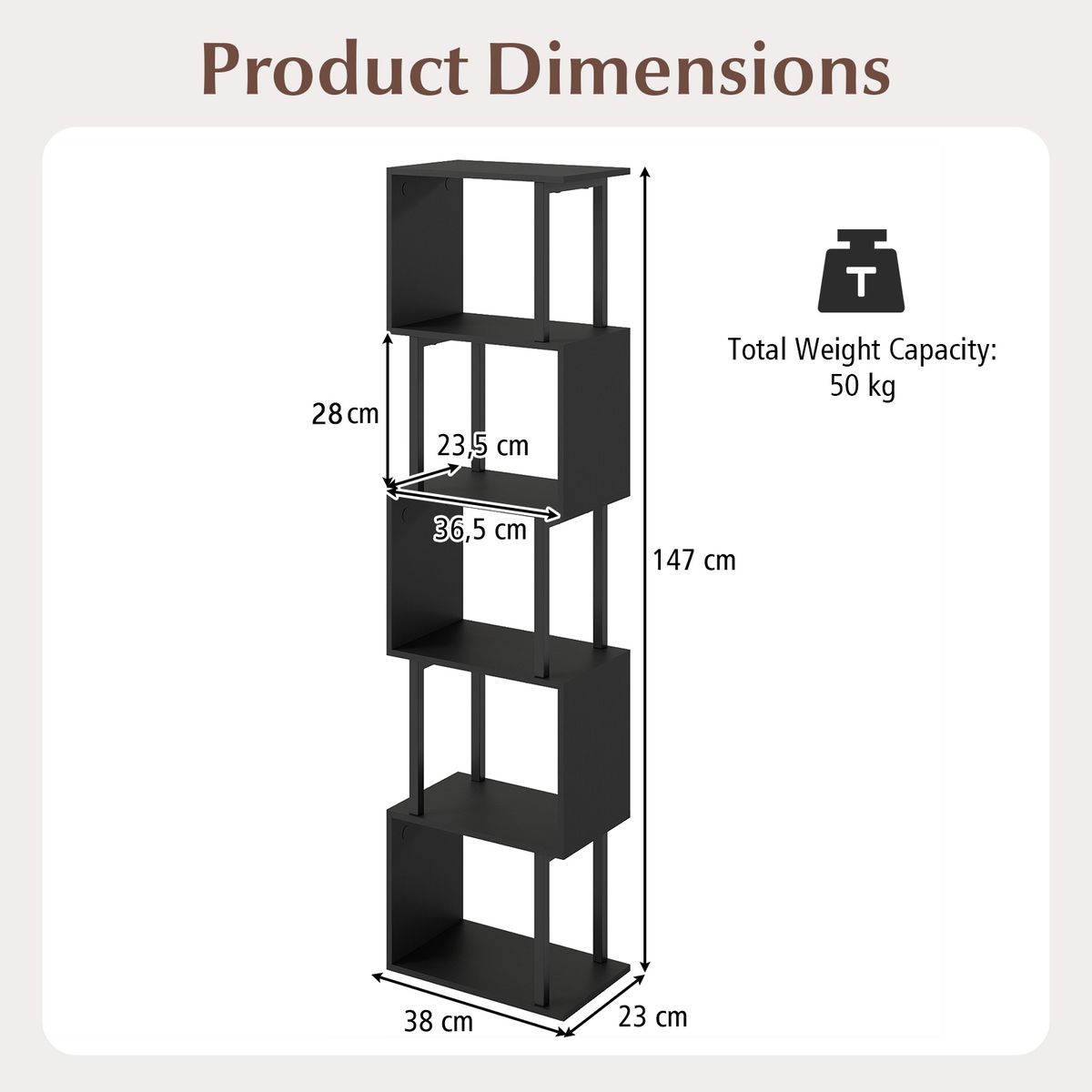 Coast Boekenrek met 5 planken - geometrisch ontwerp - metalen frame - zwart/rustiek bruin