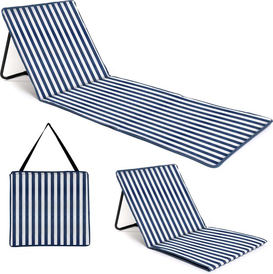 Opvouwbare strandmat - ligstoel - verstelbare rugleuning - makkelijk draagbaar - lichtgewicht - opbergvak met rits (blauw/wit gestreept verticaal)