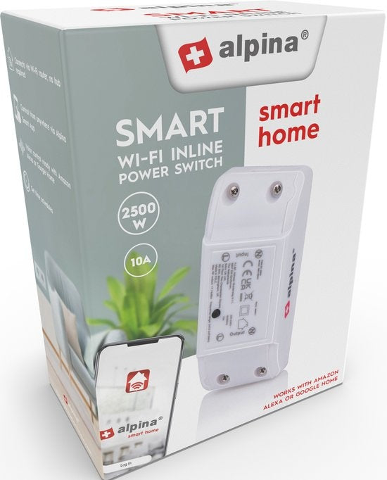 alpina Smart Home - Slimme Schakelaar - 230V/10A - Montage in Kabel - Tijdschema's Instellen - alpina Smart Home App - Google Home - Amazon Alexa