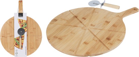 Excellent Houseware Pizza serveerplank met pizzasnijder - bamboe - 38 cm - dubbelzijdig - pizzabord