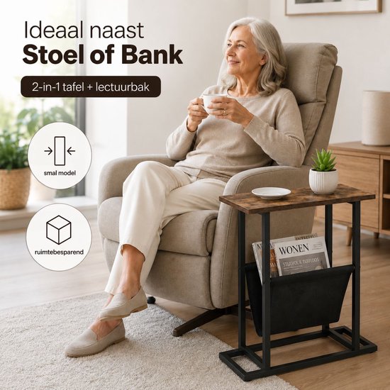 Ceruzo Bijzettafel met Tijdschriftenhouder – Smal – Zwart Bruin - H55 cm