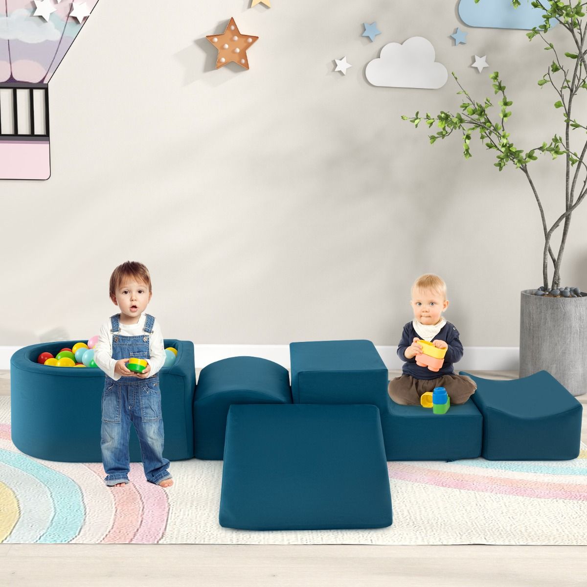 Coast Klim- en Kruipset - 5-delige zachte speelblokken met ballenbak - blauw