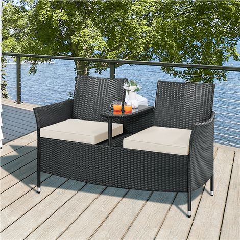 Yaheetech 2-persoons tuinbank - Met glazen tussentafel - 131 x 65,5 x 85 cm - Zwart/beige