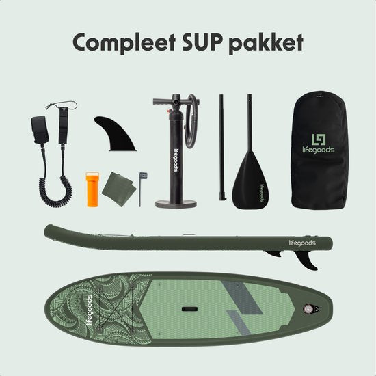 LifeGoods SUP Board Allround Compact - 100 KG Draagkracht - 300 x 76 cm - Opblaasbaar - Compleet SUP pakket - Groen/Legergroen