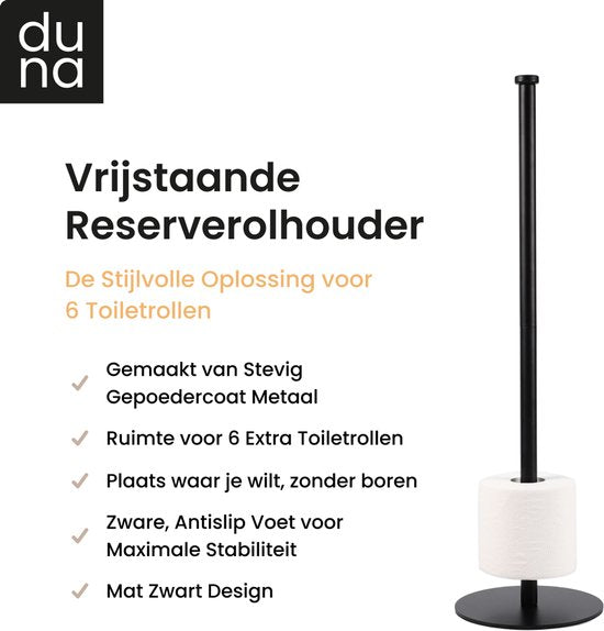 Duna Reserverolhouder - WC Rolhouder - Toiletrolhouder - Vrijstaand - Zonder Boren - Zwart
