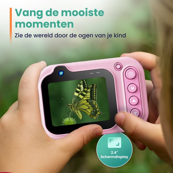 ODESSEY Waterdichte Kindercamera - met Tripod - Full HD - Selfie Camera - 32GB SD Kaart - Foto - Video - Spelletjes - Digitale Camera Kinderen - Fototoestel voor kinderen - Roze