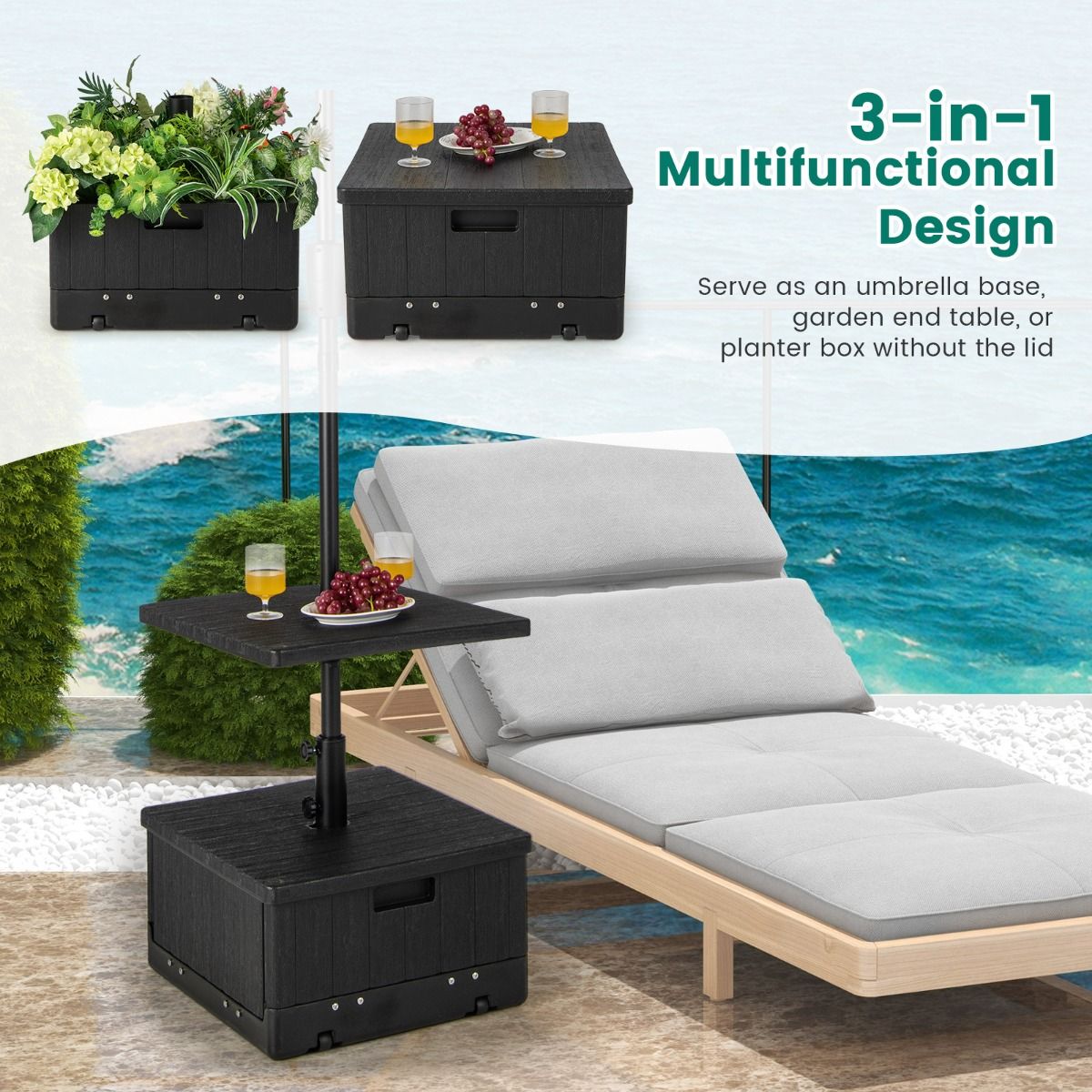 Coast 80 kg Vulbare Parasolvoet met Tafelblad en Wielen 53x53x45 cm Zwart