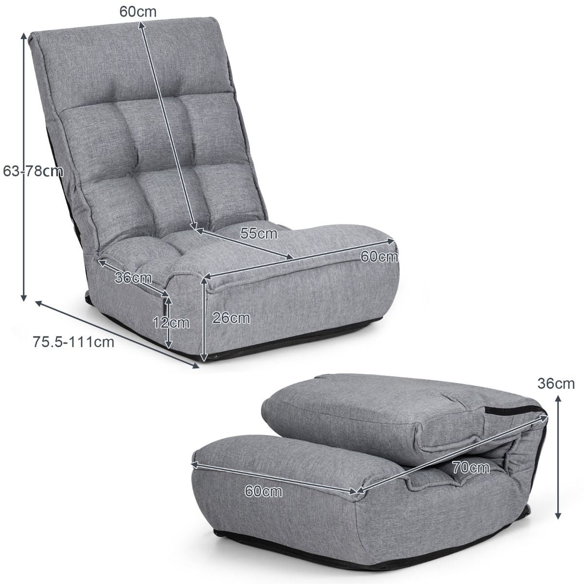 Coast Floor-Making Stoel 4-voudig verstelbare gamingvloer Sofa met rugleuning grijs